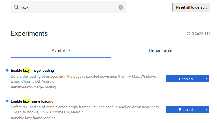 Native lazy-loading flags in Google Chrome